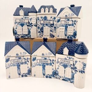 Beau Monde Decor Kitchen Canister Set House Blue White Floral Spice Village